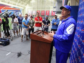 Buffalo Bills head coach Rex Ryan speaks to the media following an NFL football practice in Orchard Park, N.Y., Tuesday, May 24, 2016. (AP Photo/Bill Wippert) ORG XMIT: NYBW113
