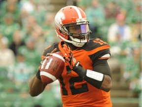 B.C. Lions quarterback Keith Price looks for an opening against the Saskatchewan Roughriders during first half pre-season CFL action in Regina on Saturday, June 11, 2016.