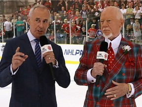 Ron McLean and Don Cherry of CBC speak to the crowd in the first intermission during Day 4 of NHL Kraft Hockeyville at the Sylvan Lake Multiplex on Sept. 24, 2014 in Sylvan Lake, Alberta.