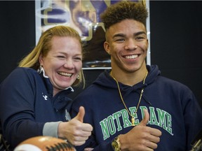 Moments after signing his national Letter of Intent to play football at famed Notre Dame next season, Abbotsford Panthers star wideout Chase Claypool and his mom Jasmine signalled their joy.