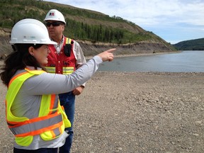 BC Hydro's Siobhan Jackson and Doug Morgan (no relation) of Morgan Construction monitor work just downstream of the Site C dam site on the Peace River. Photos at or near the Site C project area on the Peace River near For St. John.