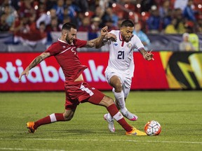 David Edgar of Canada battles for the ball against David Ramirez of Costa Rica in 2015.