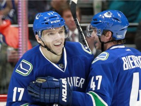 VANCOUVER, BC - FEBRUARY 21: Sven Baertschi #47 congratulates Radim Vrbata #17 of the Vancouver Canucks who scored against the Colorado Avalanche during their NHL game at Rogers Arena February 21, 2016 in Vancouver, British Columbia, Canada.