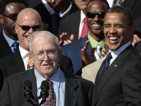 Former NFL coach Buddy Ryan with President Barack Obama in 2011, when the White House honoured the 1985 Super Bowl XX Champion Chicago Bears, for which Ryan was defensive co-ordinator. Ryan, who coached two defences that won Super Bowl titles and whose twin sons Rex and Rob have been successful NFL coaches, died Tuesday, June 28, 2016. He was 82.