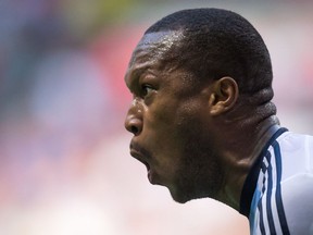 Vancouver Whitecaps' Kendall Waston reacts after being penalized for knocking Toronto FC's Sebastian Giovinco, not seen, to the ground during first half Canadian Championship final soccer action in Vancouver, B.C., on Wednesday June 29, 2016.