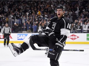 Los Angeles Kings right wing Kris Versteeg celebrates his goal during the second period of Game 5 in an NHL hockey Stanley Cup playoffs first-round series against the San Jose Sharks, Friday, April 22, 2016, in Los Angeles.