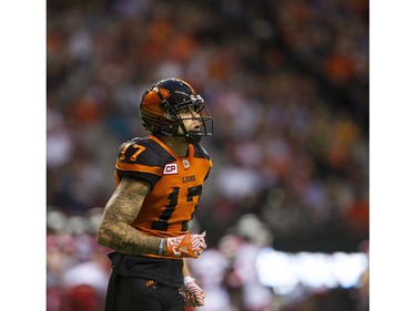 BC Lions #17 Nick Moore walks off the field after a conversion against the Calgary Stampeders in a regular season CFL football game at BC Place, Vancouver June 25 2016.