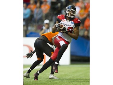 Calgary Stampeders #88 Kamar Jorden scores touchdown on the BC Lions in a regular season CFL football game at BC Place, Vancouver June 25 2016.