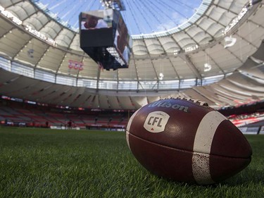 A football sits on the field prior to the BC Lions playing the Calgary Stampeders in a regular season CFL football game at BC Place, Vancouver June 25 2016.