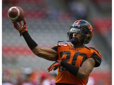 BC Lions#20 Keynan Parker warms up prior to playing the Calgary Stampeders in a regular season CFL football game at BC Place, Vancouver June 25 2016.