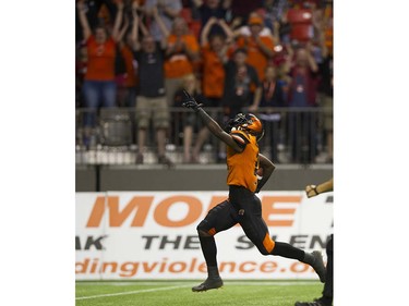 BC Lions #2 Chris Rainey runs a kicked ball back for a touchdown against the Calgary Stampeders in a regular season CFL football game at BC Place, Vancouver June 25 2016.