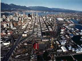 This is the Expo 86 site as it looked in November 1985, before its transformation for the fair and the subsequent development of False Creek and Yaletown into a high-end mecca for locals and tourists.