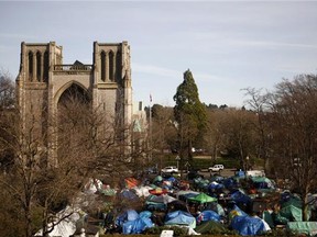 A view of the Christ Cathedral Church overlooking tent city before the block party at the camp in Victoria, B.C., Thursday, February 25, 2016.