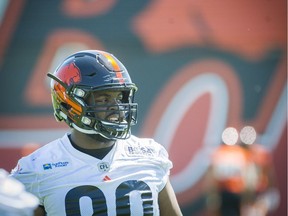 Lions nose tackle Mic'hael Brooks practises at the team's facility in Surrey on June 28. Brooks has received a letter of reprimand from the CFL and was fined $1,000 for a hit on the 'Riders' Darian Durant. Ric Ernst/PNG files