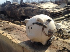 A piggy bank salvaged from this spring's devastating Alberta wildfire. Families faced with sudden crises and disasters rarely have a financial backup plan.