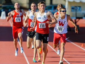 Cam Proceviat of the Simon Fraser Clan (front, 235) not only finished second in the outdoor 800 metres at the Great Northwest Athletic Conference championships over his final two seasons with the SFU Clan, the Burnaby native was recently named the GNAC’s Scholar Athlete of the Year. (Chris Ortell, GNAC athletics)