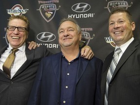 Jason McKee, right, head coach of the Vancouver Giants, with owner Ron Toigo, centre, and general manager Glen Hanlon. Agent Michal Leimberger said he had a 'really good conversation' with Toigo about Filip Zadina before the draft, and Hanlon had been in touch with one of Leimberger’s colleagues.