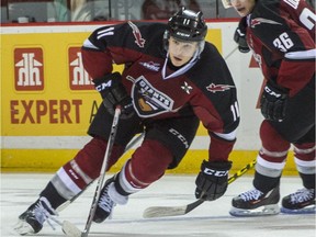 VANCOUVER, BC: October 25, 2015 -- Vancouver Giants Jakob Stukel plays against the Prince George Cougars during the third period of a regular-season WHL game at the Pacific Coliseum in Vancouver, B.C. Sunday October 25, 2015.
