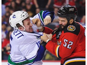 Let's get ready to rumble! Derek Dorsett and the Vancouver Canucks open the 2016 season on Oct. 15 against Brandon Bollig's Calgary Flames.