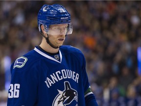 VANCOUVER December 26 2015. Vancouver Canucks #36 Jannik Hansen during a break in play against the Edmonton Oilers  in the first period of a regular season NHL hockey game at Rogers arena, Vancouver December 26 2015.   Gerry Kahrmann  /  PNG staff photo) / PNG staff photo) ( For Prov / Sun Sports )   00040790A [PNG Merlin Archive]