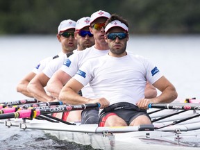 The mens four that will represent Canada at the Rio Olympic games (left to right) Will Crothers, Tim Schrijver, Conlin McCabe and Will Crothers practice during a morning training session on Elk Lake in Victoria.