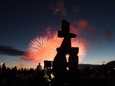With the Inuk Shuk silhouetted the Celebration of Light lit up the sky over English Bay.  Rob Kruyt Photo