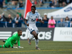 Alphonso Davies, a product of the Vancouver Whitecaps' U18 development program, plays in a game between Vancouver Whitecaps FC 2 and LA Galaxy II.