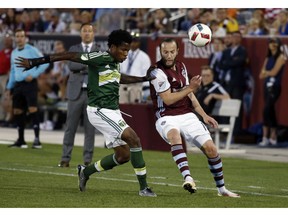 Portland Timbers defender Alvas Powell, left, fights for control of the ball with Colorado Rapids midfielder Shkelzen Gashi last Monday. Gashi, the former Swiss Super League player of the year and Golden Boot winner, creates most of Colorado's chances.