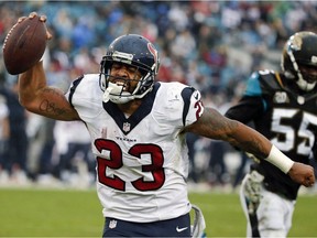 Arian Foster, pictured after scoring a TD with the Houston Texans in 2014, has signed a deal with Miami after recovering from a torn Achilles tendon.