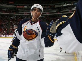 RALEIGH, NC - NOVEMBER 27: Evander Kane #9 celebrates of the Atlanta Thrashers his second period goal during a NHL game against of the Atlanta Thrashers on November 27, 2009 at RBC Center in Raleigh, North Carolina.