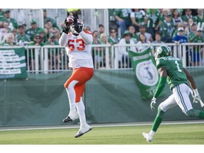 B.C. Lions tackle Jovan Olafioye catches the first touchdown of his CFL career Saturday against the Saskatchewan Roughriders.