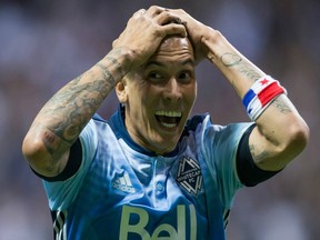 Blas Perez celebrates a goal against the Chicago Fire on May 11. He's been used cautiously by Whitecaps coach Carl Robinson, but might be the spark Vancouver needs against MLS-leading Colorado Saturday.