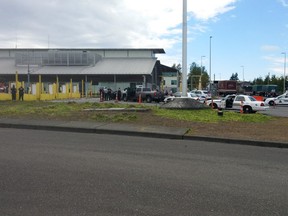 Police and border officials at the Pacific Highway border crossing in Surrey, which was closed Tuesday afternoon due to a police incident involving a high-speed chase. The border later reopened.