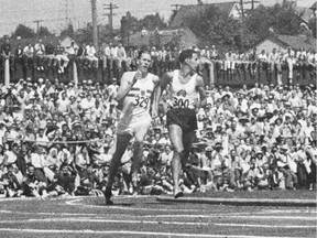 Roger Bannister (left) streaks by John Landy, who's looking for him over his left shoulder. Bannister wins, and both men break the four-minute mile at the 1954 Empire Games in Vancouver.