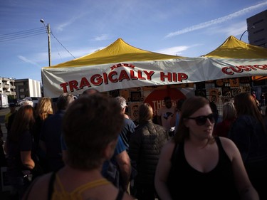 Fans gather to see Gord Downie, and the first stop of the Tragically Hip's Man Machine Poem Tour outside the Save-On-Foods Memorial Centre in Victoria.