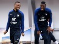 France's midfielder Paul Pogba, right, jokes with defender Patrice Evra during a training session in Clairefontaine en Yvelines earlier this week at the Euro 2016 football tournament.