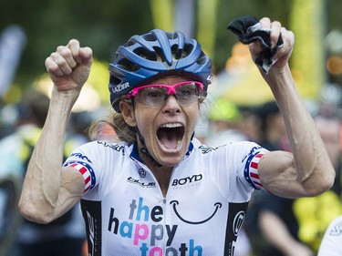 Tina Pic, the oldest rider in the race at age 50, celebrates winning the the pro women's race at the Gastown Grand Prix Vancouver, July 13 2016.