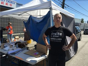 Russ Maynard, of the Portland Hotel Society pitched in at a makeshift safe injection site in Surrey. The illegal site was set up by the Vancouver Area Network of Drug Users on 135A Street as a way to prevent overdoses.