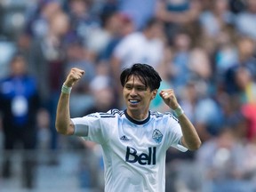 Vancouver Whitecaps' Masato Kudo, of Japan, celebrates his goal against Orlando City during the first half of an MLS soccer game in Vancouver, B.C., on Saturday July 16, 2016.