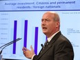 British Columbia Finance Minister Michael de Jong releases data related to real estate transactions from new measures to track the extent of foreign purchasers during a press conference at the Legislature in Victoria, B.C., Thursday, July 7, 2016.