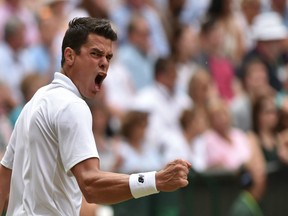Canada's Milos Raonic celebrates winning the fourth set against Switzerland's Roger Federer during their men's semifinal match on the 12th day of the 2016 Wimbledon Championships at The All England Lawn Tennis Club in Wimbledon, southwest London, on July 8, 2016. / AFP PHOTO / GLYN KIRK