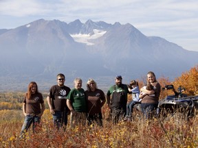 The core team that runs the Northern Lights Wildlife Shelter in Smithers is (left to right): volunteer Kim Gruijs, son Michael Langen, shelter co-founders Peter and Angelika Langen, their son-in-law Shawn Landry, and (far right) their daughter, Tanja Landry, pictured here with her and Shawns daughters, Tasha and Thora Landry.
