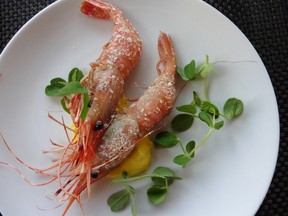 Spot prawns at Tinhorn Creek Winery's restaurant. May is about rosés, and the local seafood delicacy.