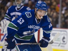 Bo Horvat prepares for a face-off against the Anaheim Ducks during a game in February. Supplanting the twice-injured Brandon Sutter eventually brought out the best in the then-sophomore Canuck.