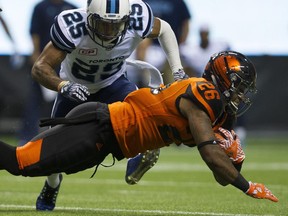 B.C. Lions Anthony Allen hauls in a pass in front of Toronto Argonauts Isaiah Green at B.C. Place Stadium in Vancouver last Thursday. Allen would like to start against his former team in Saskatchewan on Saturday. Gerry Kahrmann/PNG