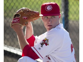 VANCOUVER. June 26 2015.  Canadians pitcher Jon Harris warms up in the bullpen prior to playing theseason home opening game at the newly renovated Nat Bailey stadium, Vancouver, June 26 2015. Gerry Kahrmann  /  PNG staff photo) ( For Prov Sports ) Story by Steve ewen 00037606A