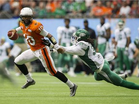 Lions quarterback Jonathon Jennings scrambles his way to success against the Saskatchewan Roughriders last season.