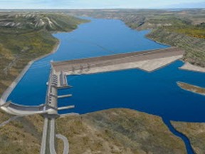 The projected B.C. Hydro Site C dam is pictured in an artist's rendering.