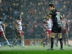 EXETER, ENGLAND - JANUARY 09:  Ian Whitten of Exeter Chiefs looks on as the rain pours during the Aviva Premiership match between Exeter Chiefs and Gloucester Rugby at Sandy Park on January 9, 2016 in Exeter, England.