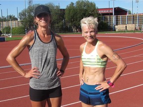 Larissa MacMillan (left)  and Shari Boyle practise at the Foothills Track in Calgary. They are members of a 4x800 women's relay team entered in the 40-45 year old age category at the Americas Masters Games, which will be held in Vancouver Aug. 26-Sept. 4. They and their teammates are aiming to set a masters world record.